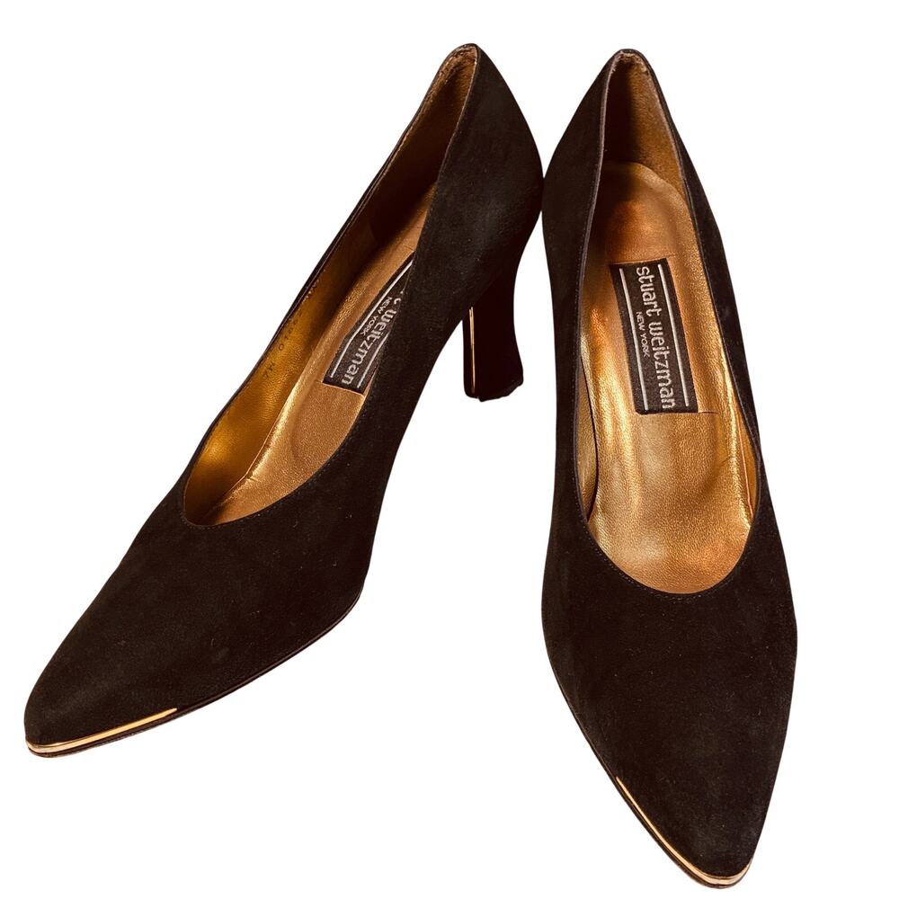 Stuart Weitzman black suede 7W heels Gold embellished Elegant Quiet Luxury Glam